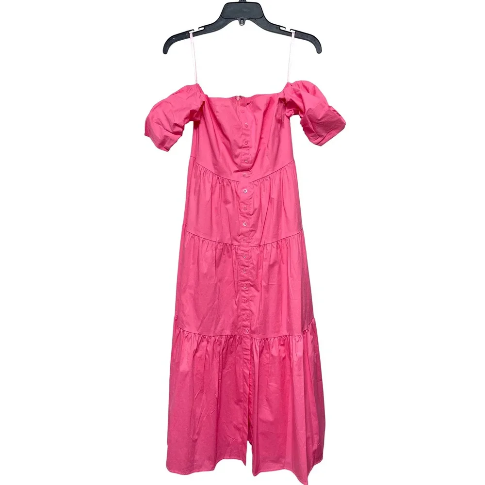 STAUD Elio Button Down Off the Shoulder Midi Dress in Pink Plumeria Size 6 - Picture 2 of 7